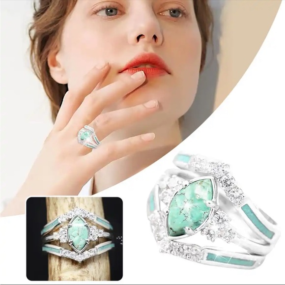 New 3pcs/set  Turquoise   Exquisite Moissanite Anniversary Party Ring - Picture 5 of 16